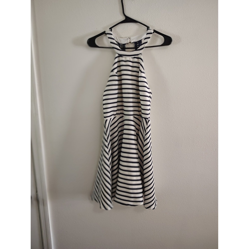 Sequin Hearts Navy White Striped Halter Skater Dress Crochet Lace Back Size‎ 9